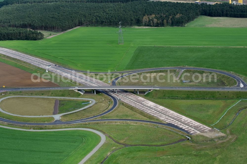 Aerial image Colbitz - Routing and traffic lanes during the highway exit and access the motorway A 14 zu B189 in Colbitz in the state Saxony-Anhalt