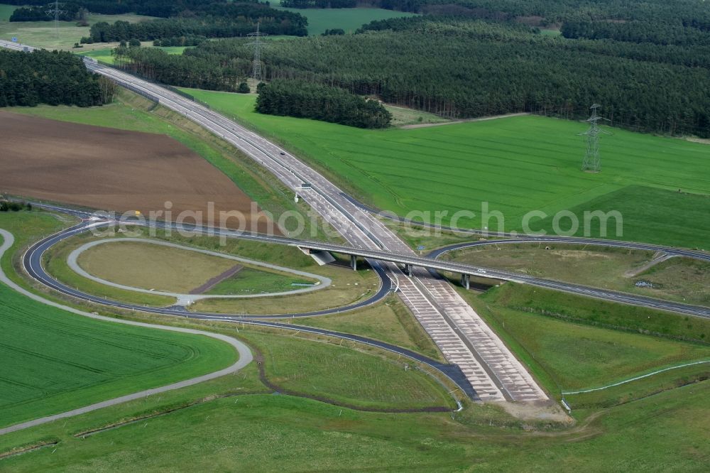 Aerial photograph Colbitz - Routing and traffic lanes during the highway exit and access the motorway A 14 zu B189 in Colbitz in the state Saxony-Anhalt