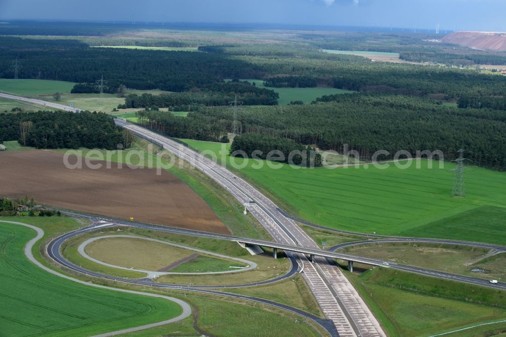 Colbitz from above - Routing and traffic lanes during the highway exit and access the motorway A 14 zu B189 in Colbitz in the state Saxony-Anhalt