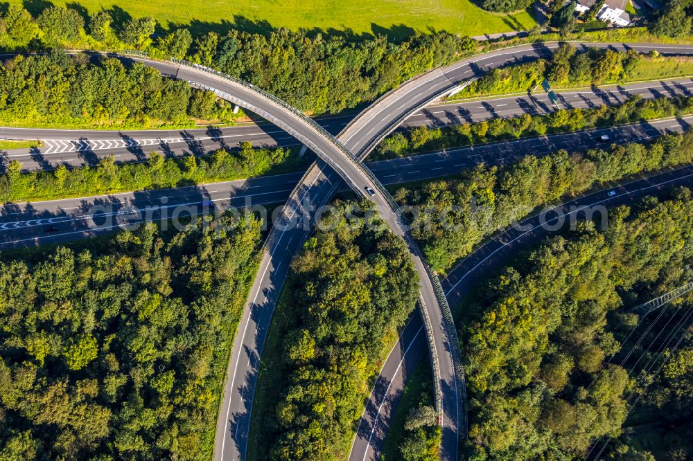 Velbert from above - Routing and traffic lanes during the highway exit and access the motorway A 44 on triangel Velbert-Nord in Velbert in the state North Rhine-Westphalia, Germany