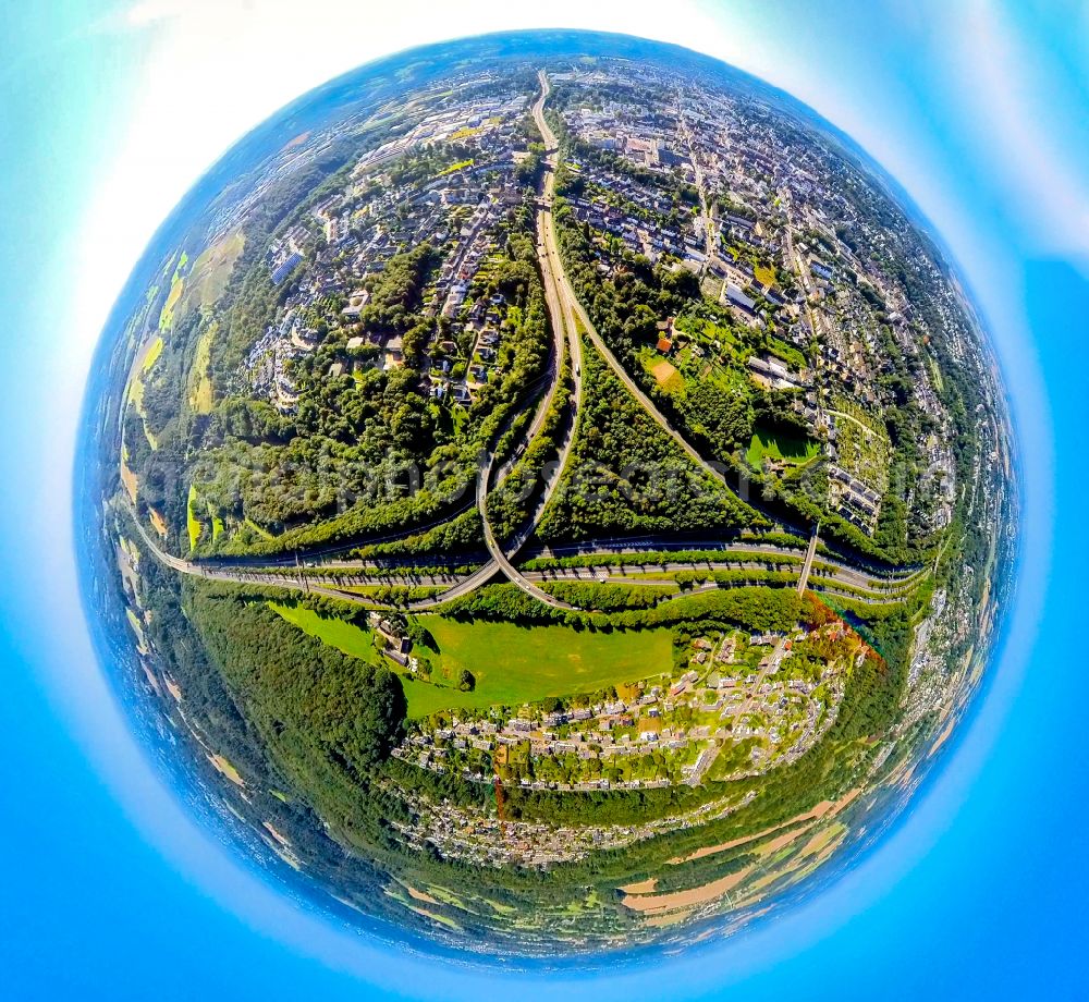 Aerial image Velbert - Routing and traffic lanes during the highway exit and access the motorway A 44 on triangel Velbert-Nord in Velbert in the state North Rhine-Westphalia, Germany