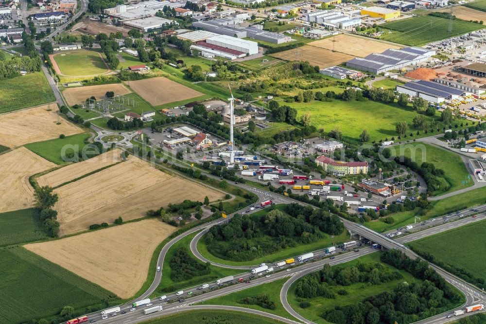 Herbolzheim from above - Routing and traffic lanes during the highway exit and access the motorway A 5 in Herbolzheim in the state Baden-Wuerttemberg, Germany