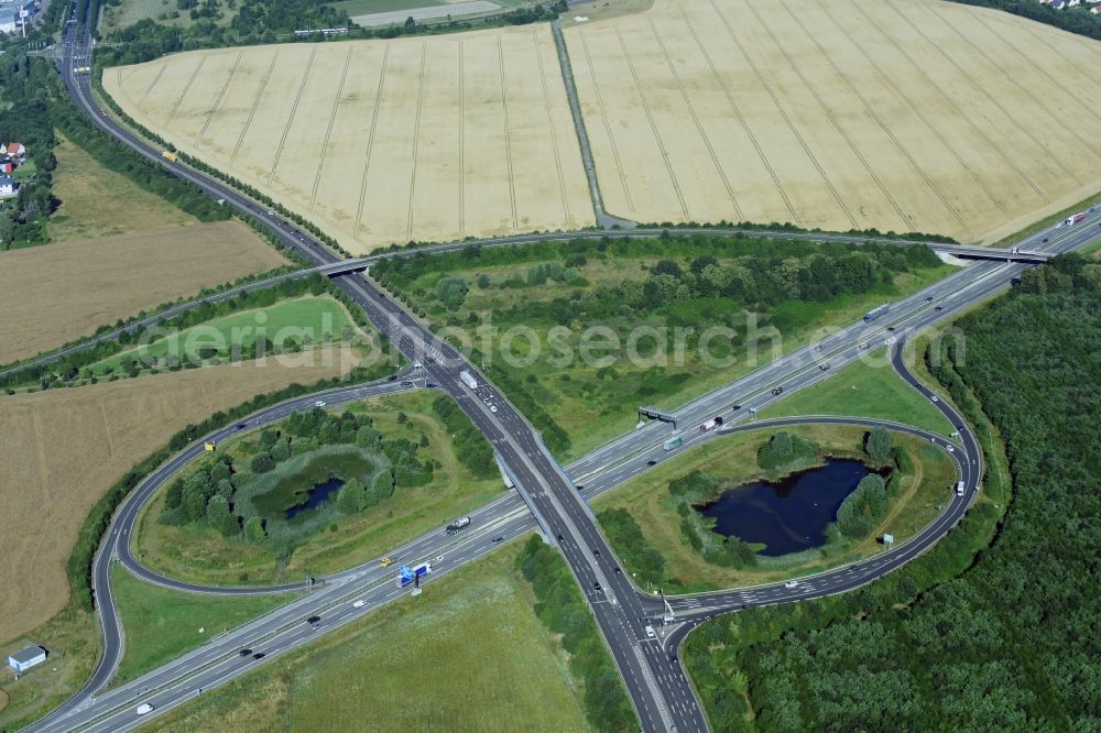 Leipzig from above - Routing and traffic lanes during the highway exit and access the motorway A 14 Leipzig-Ost in Leipzig in the state Saxony