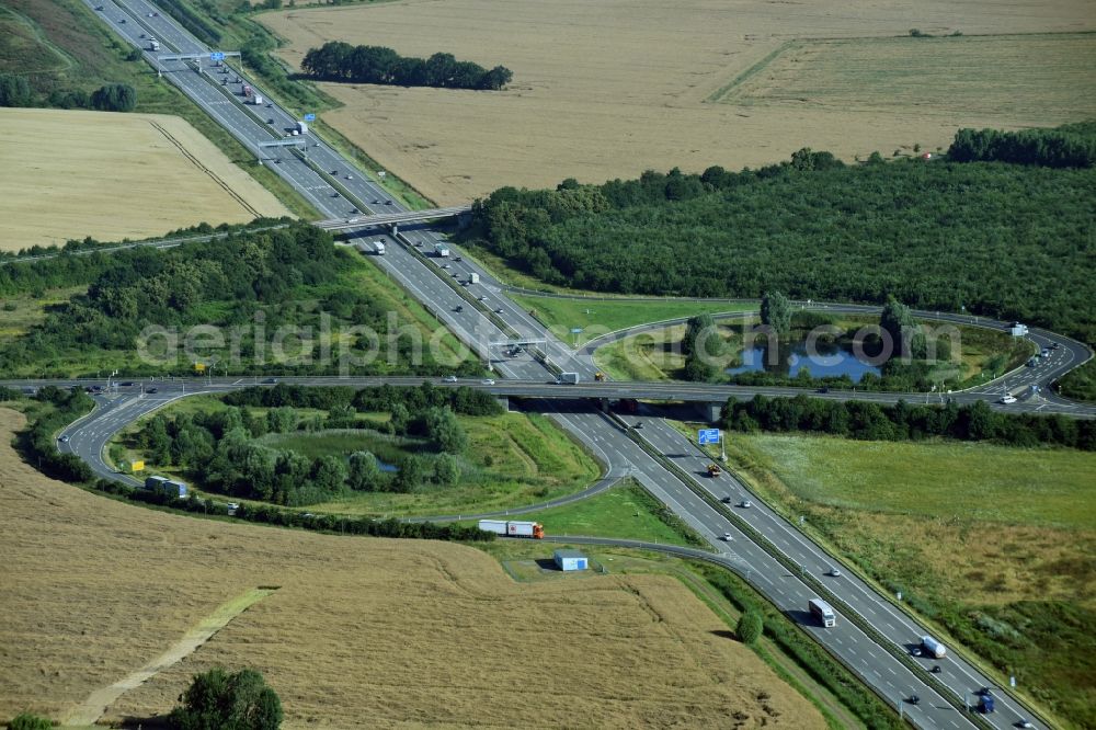 Leipzig from above - Routing and traffic lanes during the highway exit and access the motorway A 14 Leipzig-Ost in Leipzig in the state Saxony