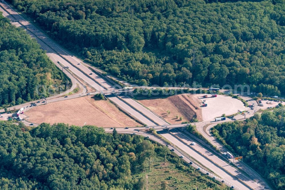 Offenburg from above - Routing and traffic lanes during the highway exit and access the motorway A 5 Offenburg in Offenburg in the state Baden-Wurttemberg, Germany