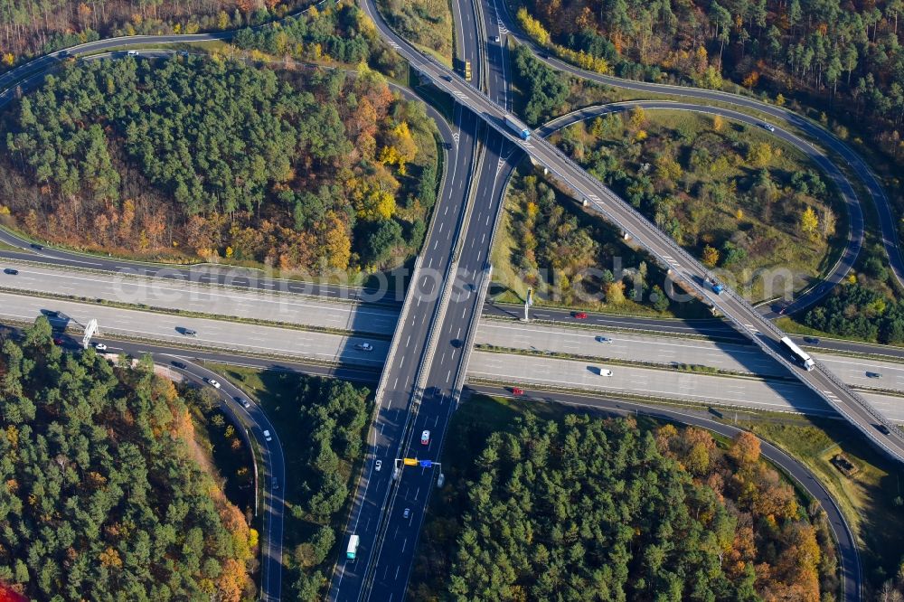 Potsdam from above - Routing and traffic lanes during the highway exit and access the motorway A115 - E51 Potsdam-Babelsberg in the state Brandenburg