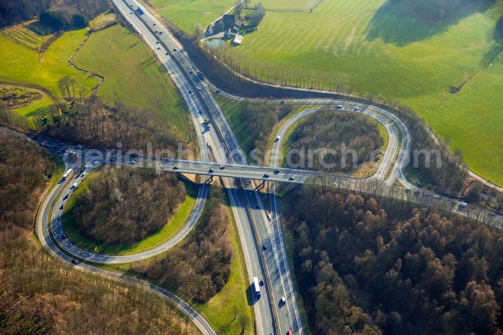 Sprockhövel from above - Routing and traffic lanes during the highway exit and access the motorway A 43 - B234 in Sprockhoevel in the state North Rhine-Westphalia