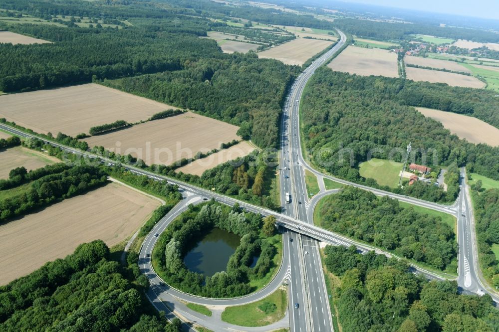 Talkau from above - Routing and traffic lanes during the highway exit and access the motorway A 24 in Talkau in the state Schleswig-Holstein