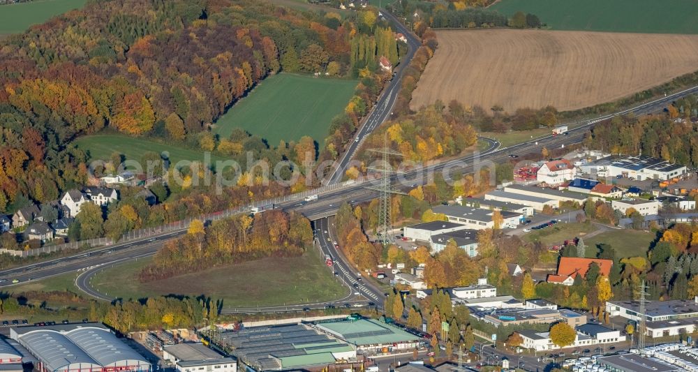 Witten from above - Routing and traffic lanes during the highway exit and access the motorway A 44 in Witten in the state North Rhine-Westphalia