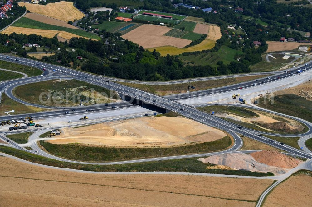 Würzburg from above - Routing and traffic lanes during the highway exit and access the motorway A 3 Wuerzburg-Heidingsfeld in Wuerzburg in the state Bavaria, Germany