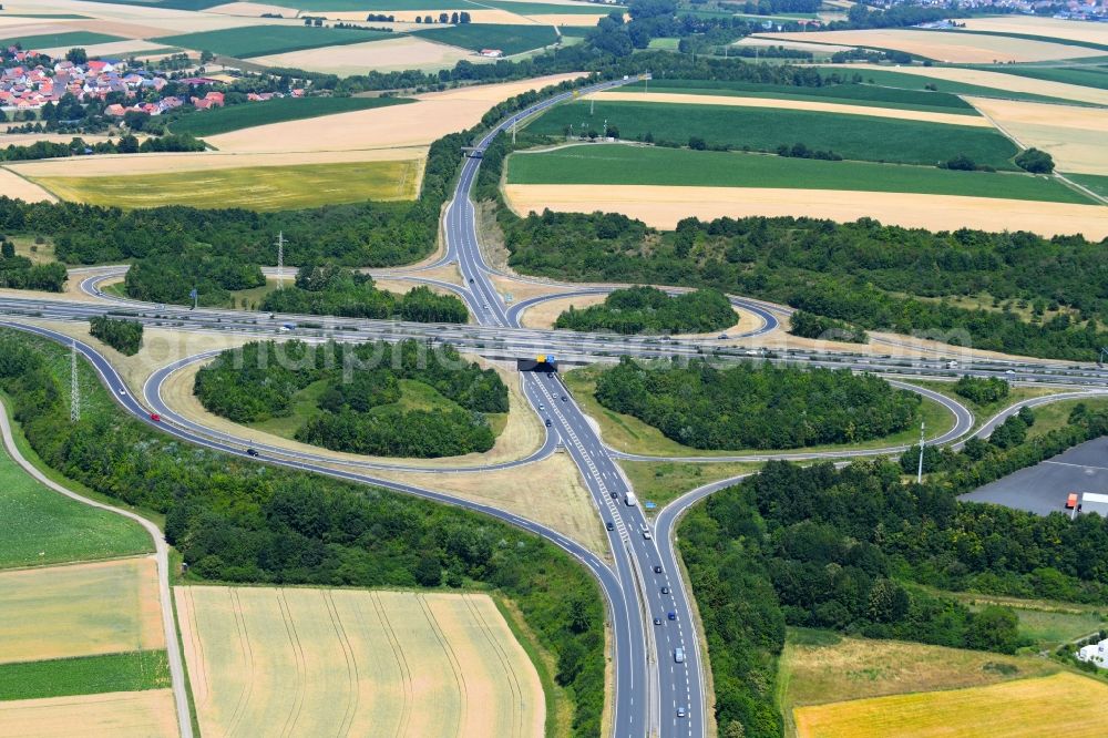 Aerial image Kürnach - Routing and traffic lanes during the highway exit and access the motorway A 7 Wuerzburg/Estenfeld in Kuernach in the state Bavaria, Germany