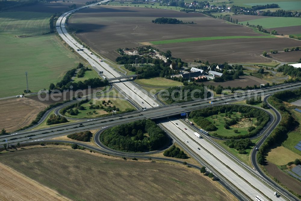 Aerial image Meerane - Routing and traffic lanes during the highway exit and access the motorway A 4 zur B93 in Meerane in the state Saxony