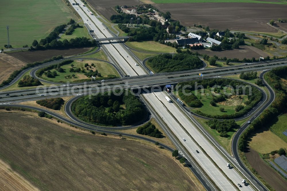 Aerial photograph Meerane - Routing and traffic lanes during the highway exit and access the motorway A 4 zur B93 in Meerane in the state Saxony