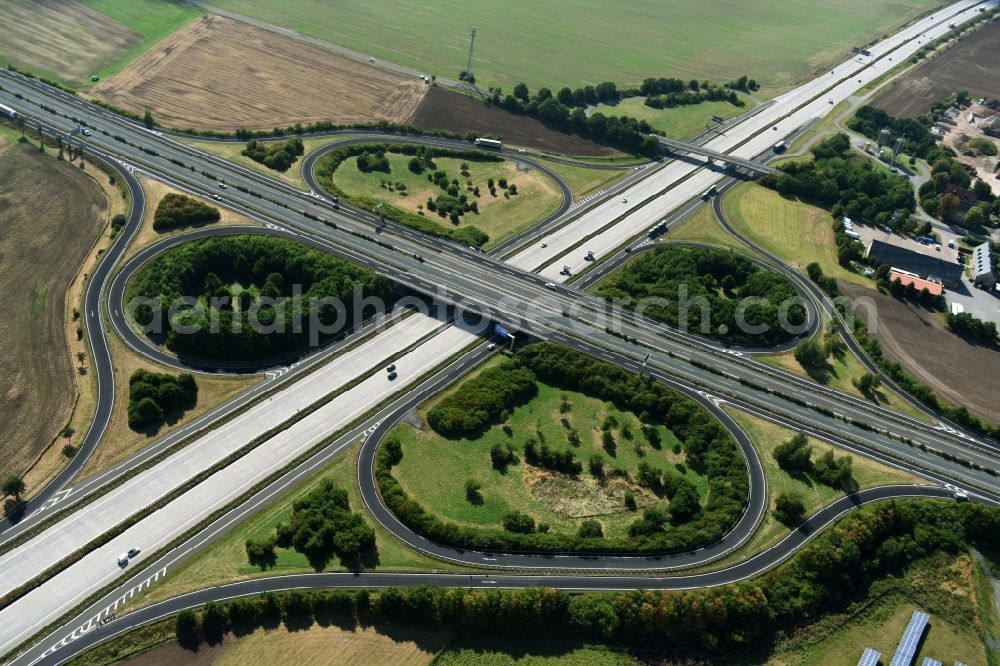 Aerial image Meerane - Routing and traffic lanes during the highway exit and access the motorway A 4 zur B93 in Meerane in the state Saxony