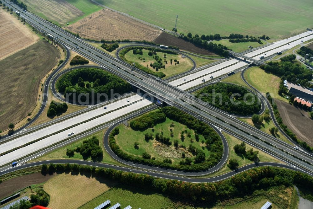 Aerial photograph Meerane - Routing and traffic lanes during the highway exit and access the motorway A 4 zur B93 in Meerane in the state Saxony