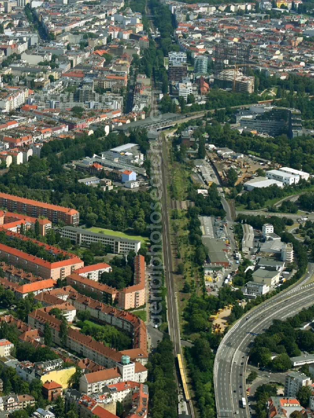 Berlin from above - Routing and traffic lanes during the highway exit and access the motorway A 103 to the A100 in the district Schoeneberg in Berlin, Germany