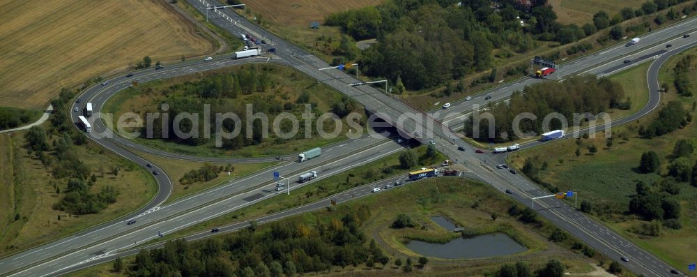 Altlandsberg from above - Routing and traffic lanes during the highway exit Berlin Marzahn of the motorway A 10 in Altlandsberg in the state of Brandenburg