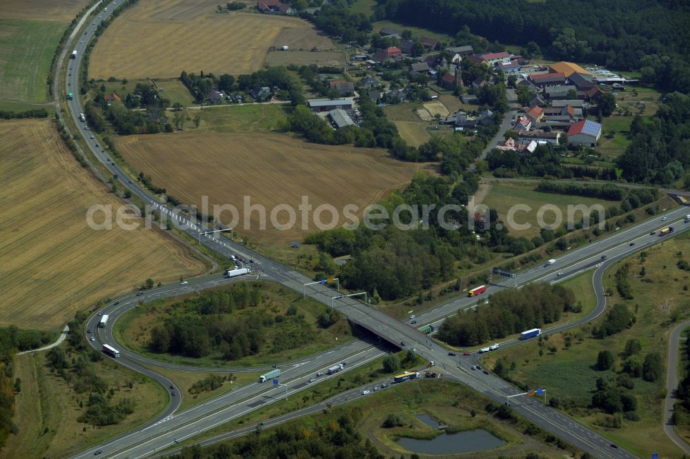 Aerial image Altlandsberg - Routing and traffic lanes during the highway exit Berlin Marzahn of the motorway A 10 in Altlandsberg in the state of Brandenburg