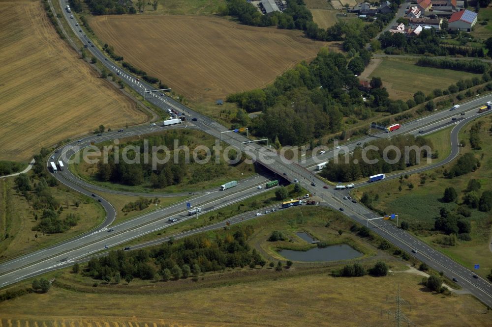 Aerial photograph Altlandsberg - Routing and traffic lanes during the highway exit Berlin Marzahn of the motorway A 10 in Altlandsberg in the state of Brandenburg