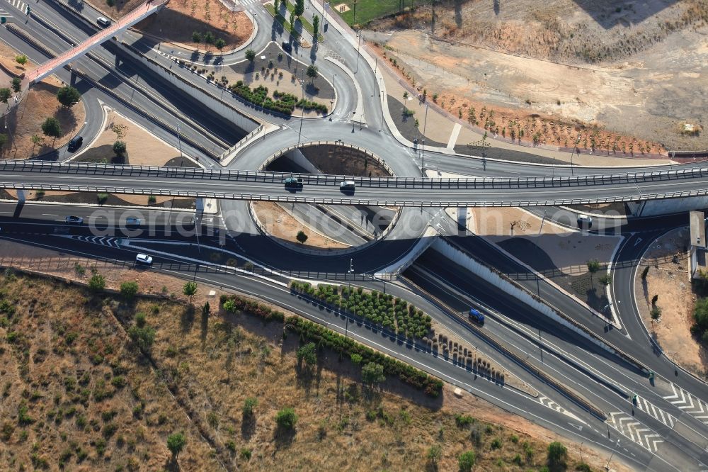 Calvià from above - Routing and traffic lanes during the highway exit and access the motorway A MA-1 in Calvia in Mallorca in Balearic Islands, Spain