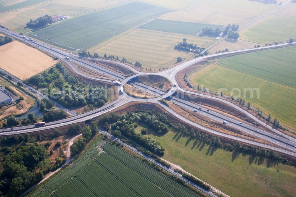 Craywick from above - Routing and traffic lanes during the highway exit and access the motorway E40 to channel ferry port Dunkerque in Craywick in Hauts-de-France, France