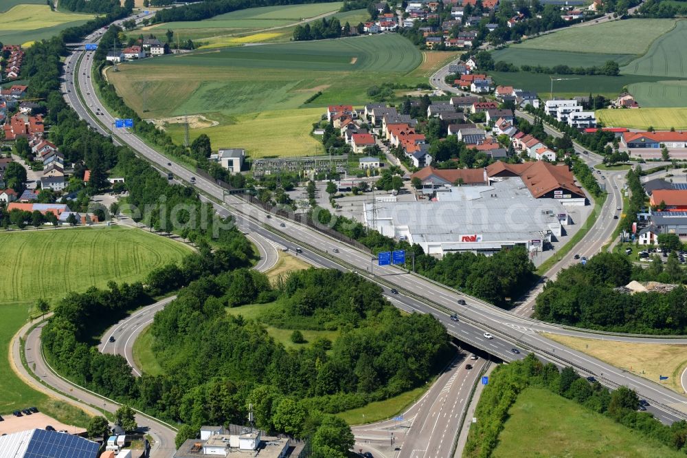 Pentling from above - Routing and traffic lanes during the highway exit and access the motorway A 93 in Pentling in the state Bavaria, Germany