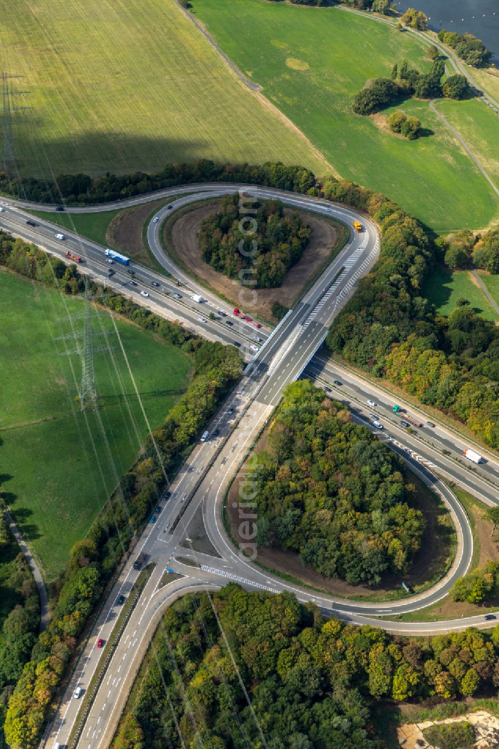 Herbede from above - Routing and traffic lanes during the highway exit and access the motorway A 43 in Herbede in the state of North Rhine-Westphalia