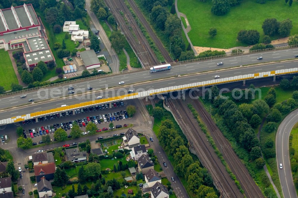 Leverkusen from above - Part of the federal motorway A1 across railway tracks in the West of Leverkusen in the state North Rhine-Westphalia