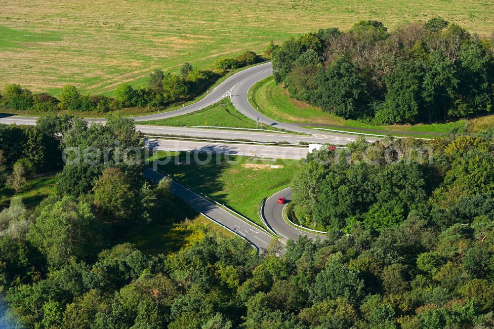 Bernau from the bird's eye view: Route and lanes in the course of the exit and access of the motorway junction of the BAB A11 in Bernau in the state Brandenburg, Germany