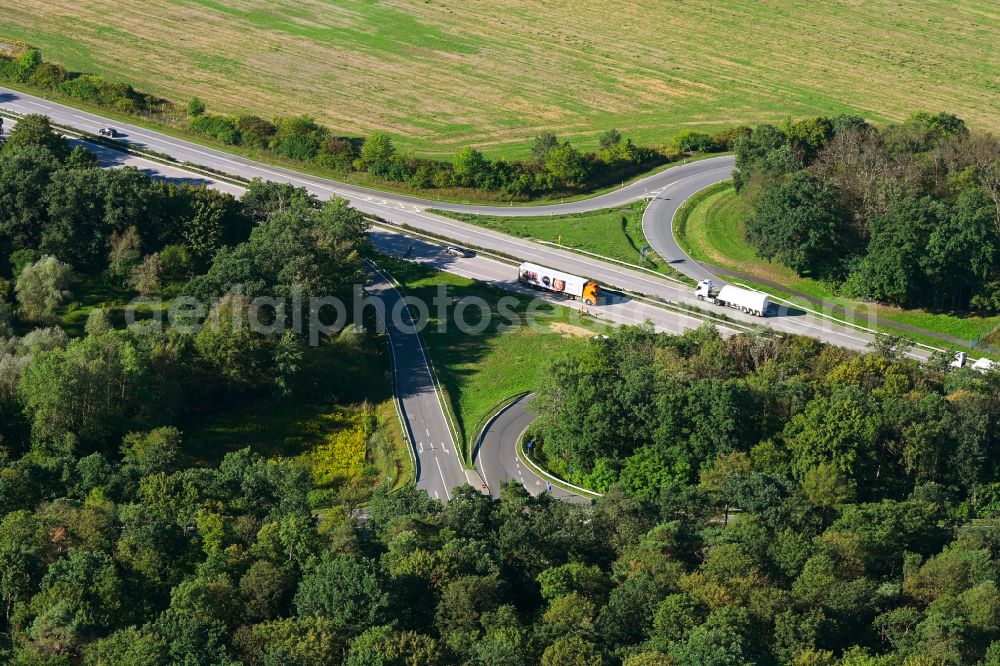 Aerial image Bernau - Route and lanes in the course of the exit and access of the motorway junction of the BAB A11 in Bernau in the state Brandenburg, Germany