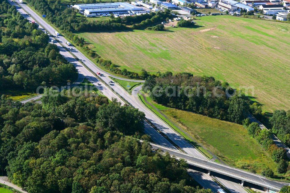 Aerial photograph Bernau - Route and lanes in the course of the exit and access of the motorway junction of the BAB A11 in Bernau in the state Brandenburg, Germany