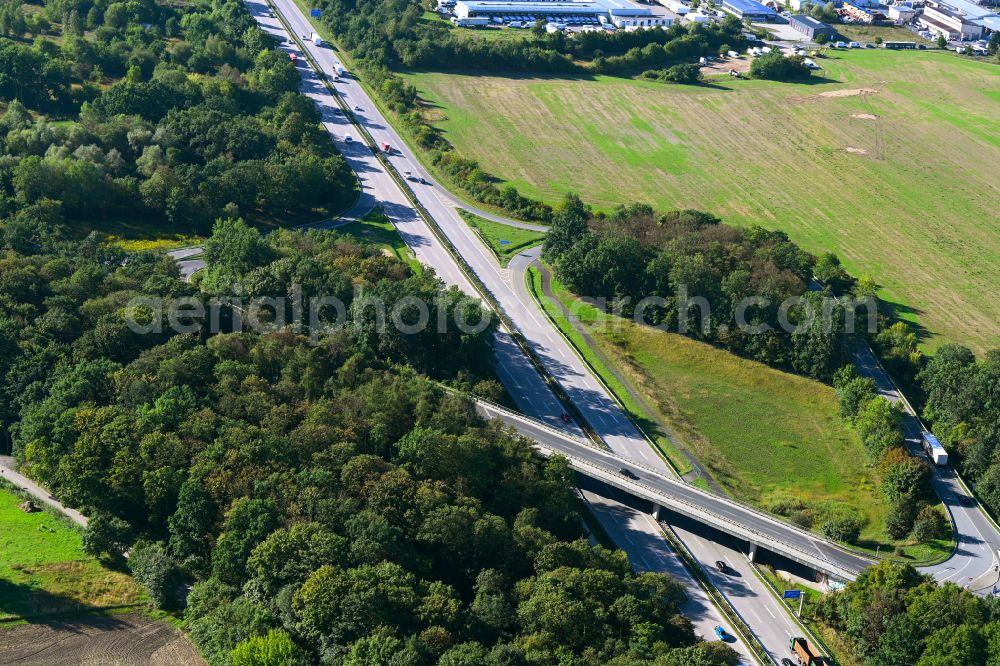 Bernau from above - Route and lanes in the course of the exit and access of the motorway junction of the BAB A11 in Bernau in the state Brandenburg, Germany