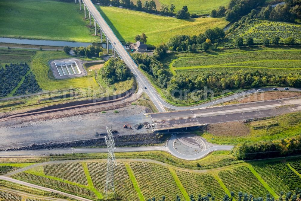 Aerial image Velmede - Route and lanes in the course of the exit and access of the motorway junction of the BAB A46 Bestwig in Velmede at Sauerland in the state North Rhine-Westphalia, Germany