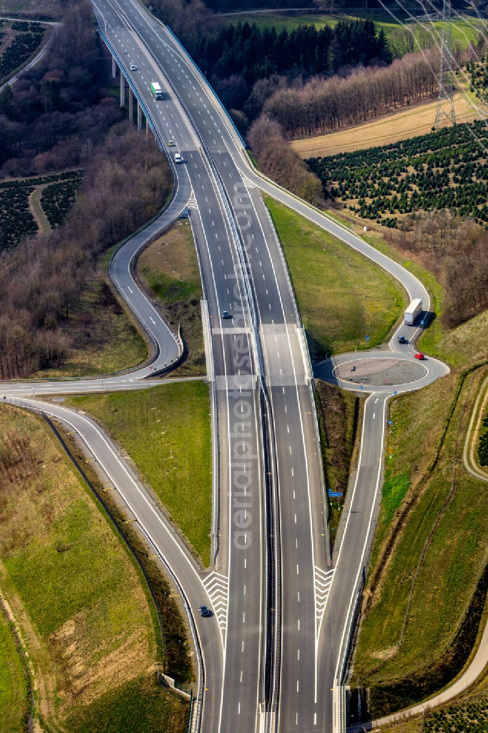 Aerial image Velmede - Route and lanes in the course of the exit and access of the motorway junction of the BAB A46 Bestwig in Velmede at Sauerland in the state North Rhine-Westphalia, Germany