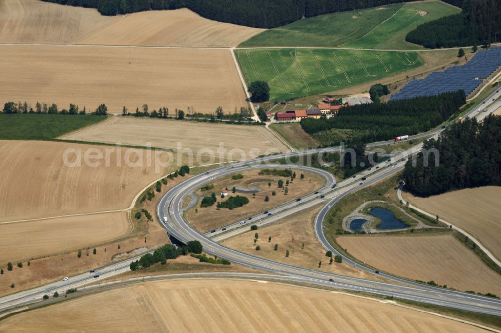 Aerial image Saalhaupt - Route and lanes in the course of the exit and access of the motorway junction of the BAB A93 Dreieck Saalhaupt in Saalhaupt in the state Bavaria, Germany