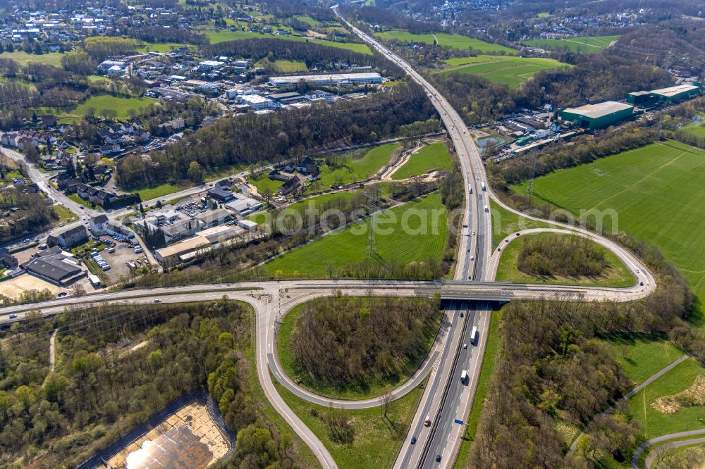 Aerial image Herbede - Route and lanes in the course of the exit and access of the motorway junction of the BAB A43 in Herbede at Ruhrgebiet in the state North Rhine-Westphalia, Germany