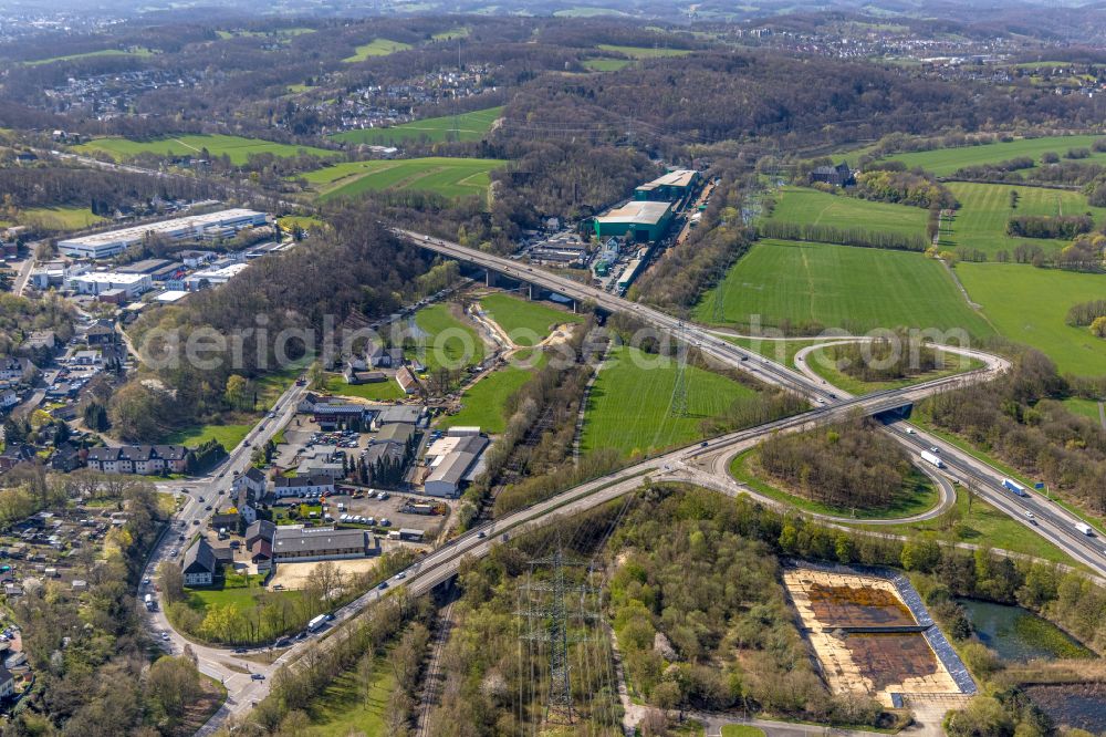 Herbede from above - Route and lanes in the course of the exit and access of the motorway junction of the BAB A43 in Herbede at Ruhrgebiet in the state North Rhine-Westphalia, Germany