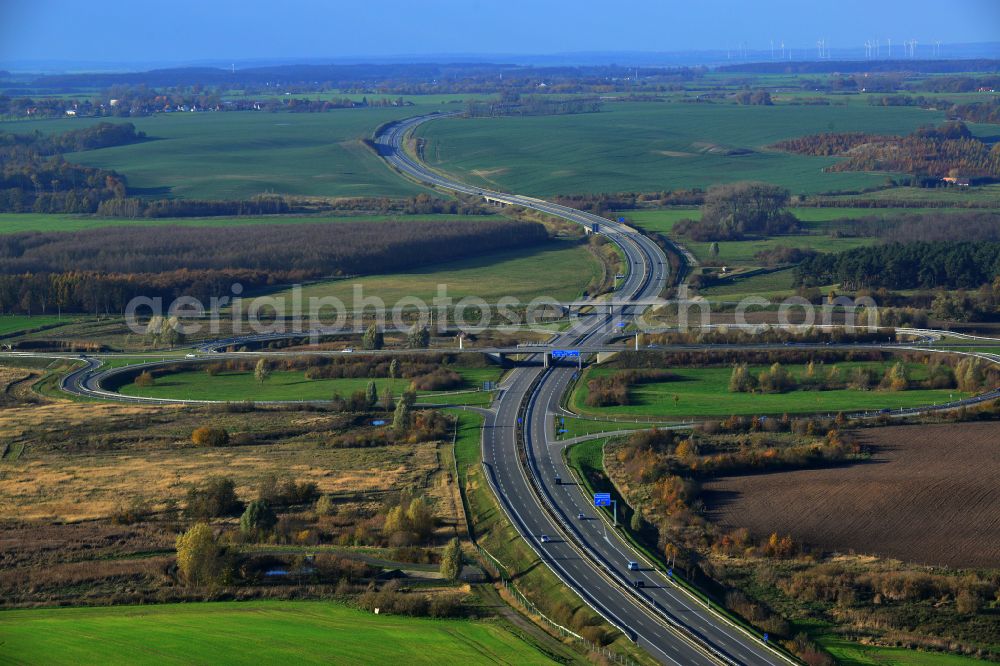 Aerial image Glienke - Route and lanes in the course of the exit and access of the motorway junction of the BAB A20 Neubrandenburg-Ost in Glienke in the state Mecklenburg - Western Pomerania, Germany