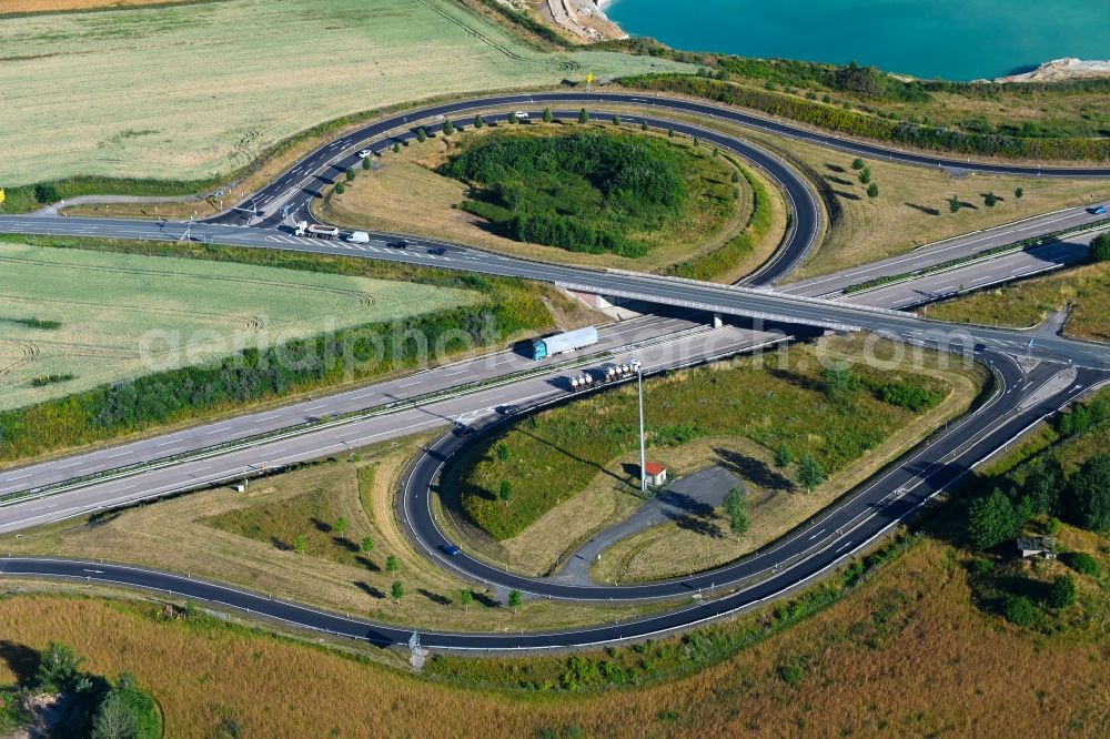 Aerial photograph Penig - Route and lanes in the course of the exit and access of the motorway junction of the BAB A72 in Penig in the state Saxony, Germany