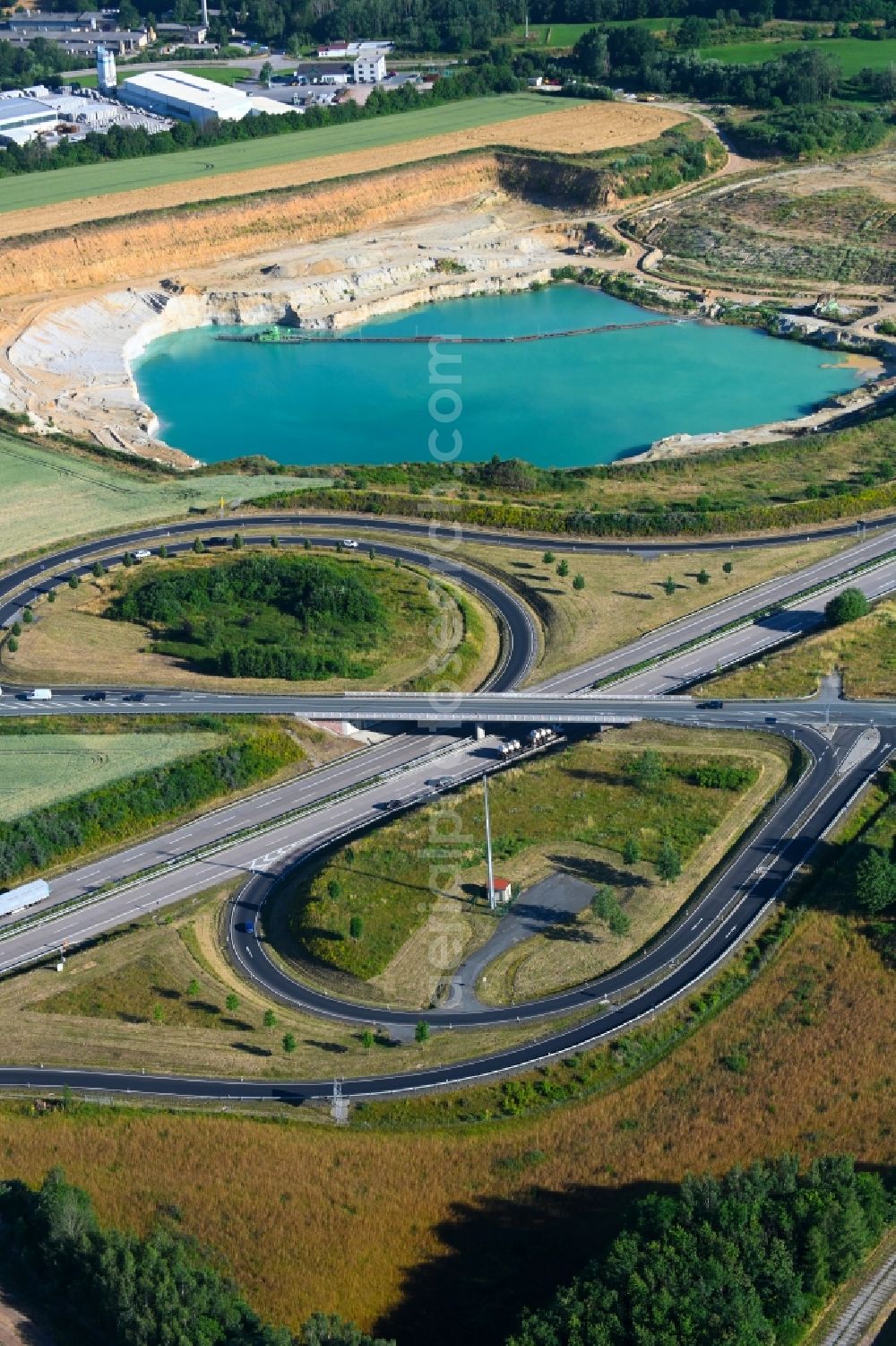 Aerial image Penig - Route and lanes in the course of the exit and access of the motorway junction of the BAB A72 in Penig in the state Saxony, Germany