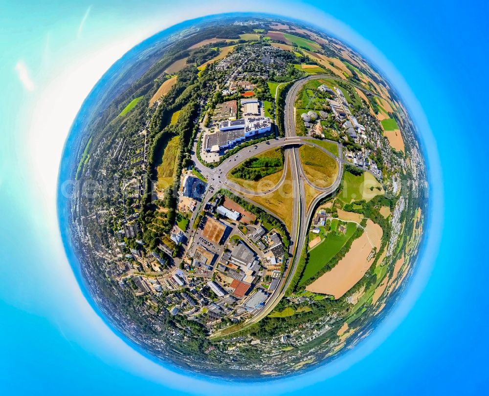 Velbert from the bird's eye view: Route and lanes in the course of the exit and access of the motorway junction of the BAB A on street Flandersbacher Weg in Velbert in the state North Rhine-Westphalia, Germany