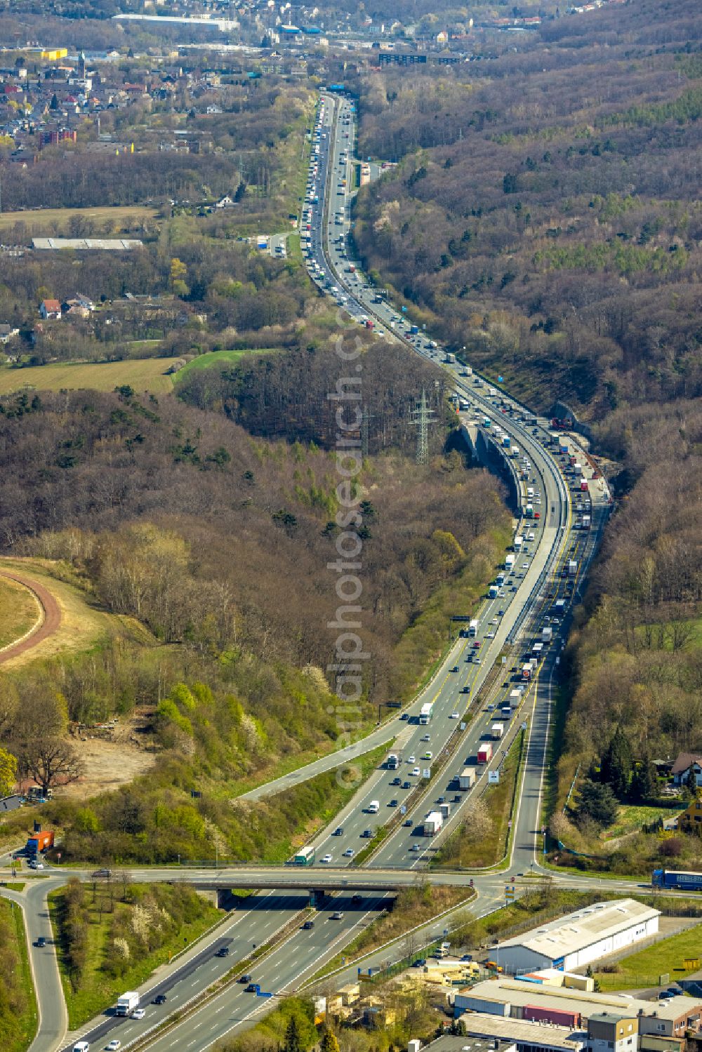 Wetter (Ruhr) from above - Route and lanes in the course of the exit and access of the motorway junction of the BAB A1 in Wetter (Ruhr) at Ruhrgebiet in the state North Rhine-Westphalia, Germany