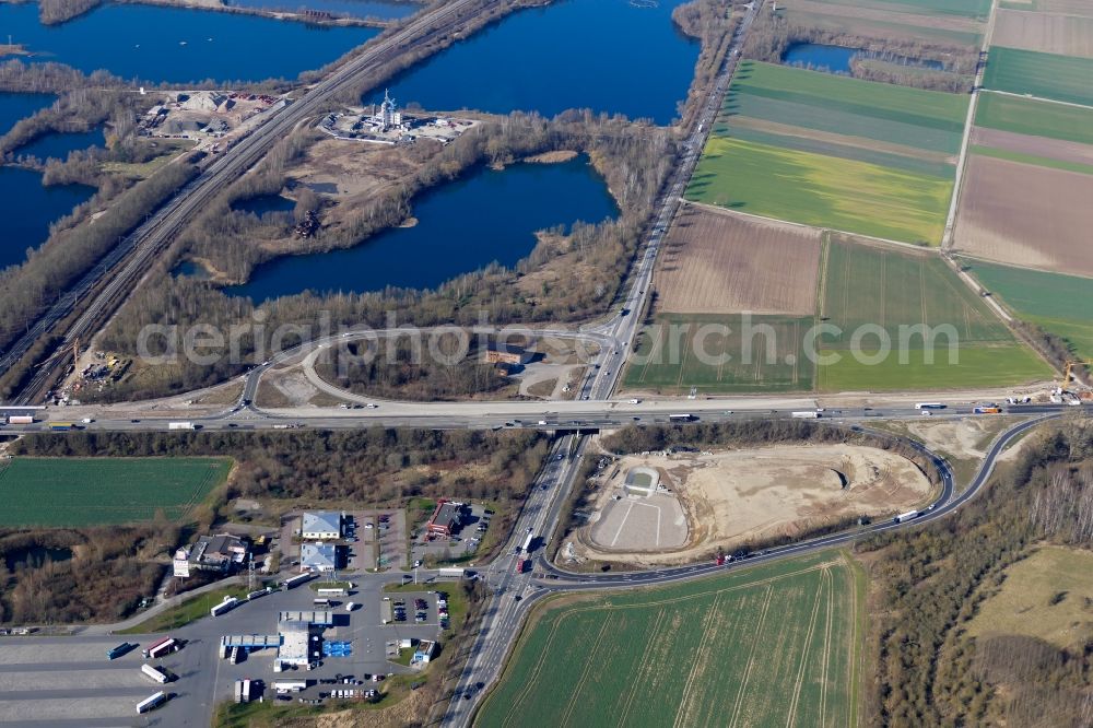 Northeim from above - Route and lanes in the course of the exit and access of the motorway junction Northeim Nord of the BAB A7 in Northeim in the state Lower Saxony, Germany