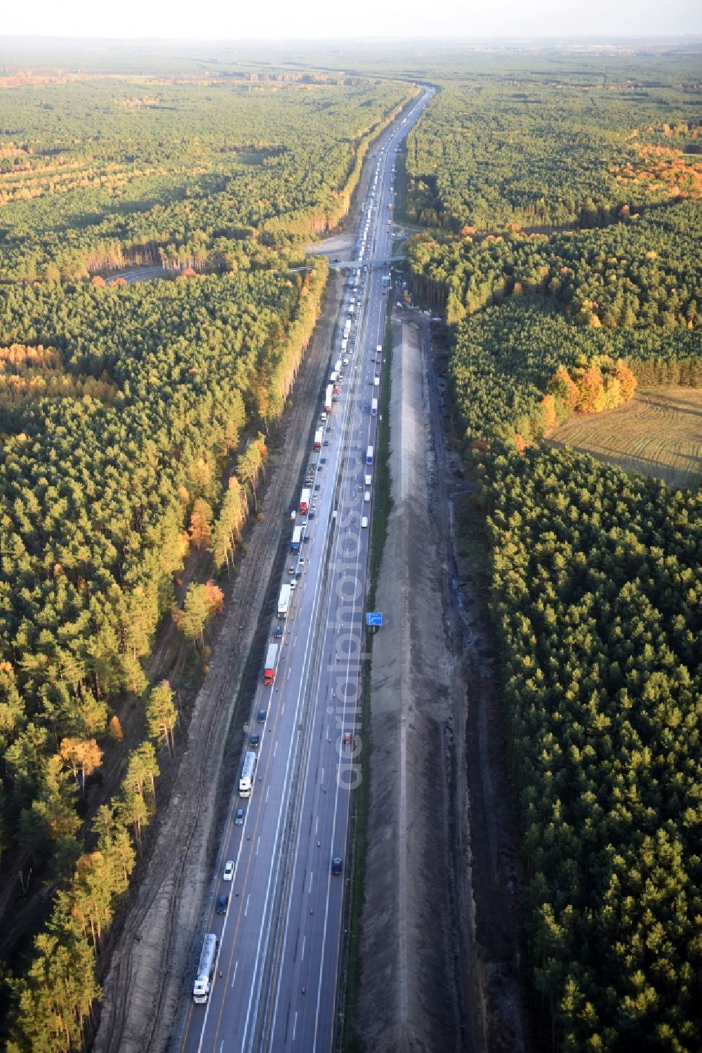 Dannenreich from above - Highway construction site for the expansion and extension of track along the route of A12 E30 an der Abfahrt Fredersdorf in Dannenreich in the state Brandenburg