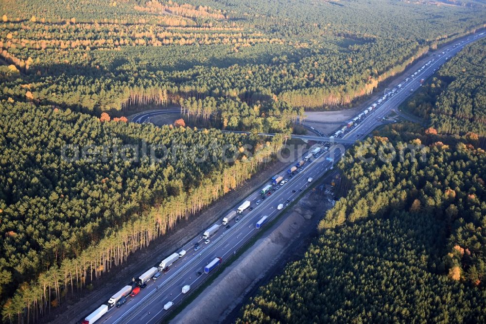 Aerial image Dannenreich - Highway construction site for the expansion and extension of track along the route of A12 E30 an der Abfahrt Fredersdorf in Dannenreich in the state Brandenburg