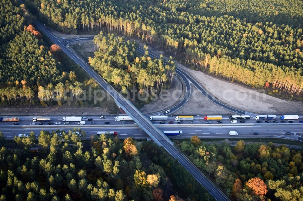 Dannenreich from above - Highway construction site for the expansion and extension of track along the route of A12 E30 an der Abfahrt Fredersdorf in Dannenreich in the state Brandenburg