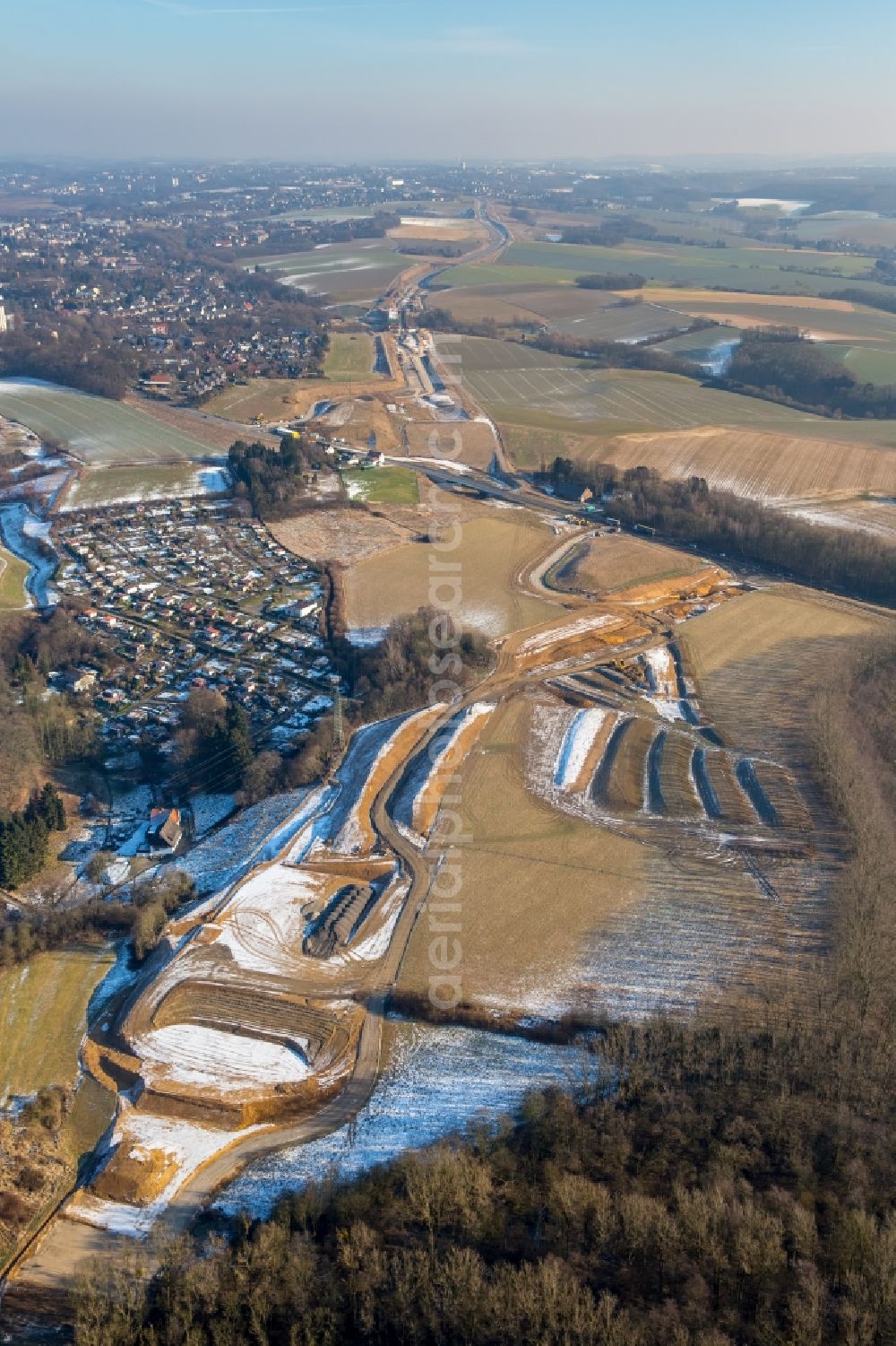 Heiligenhaus from the bird's eye view: Highway construction site for the expansion and extension of track along the route of A44 near Hoefermuehle Sued in Heiligenhaus in the state North Rhine-Westphalia