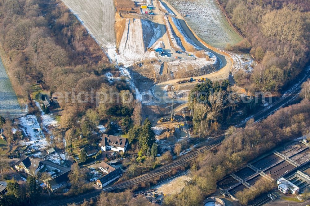 Heiligenhaus from above - Highway construction site for the expansion and extension of track along the route of A44 near Hoefermuehle Sued in Heiligenhaus in the state North Rhine-Westphalia