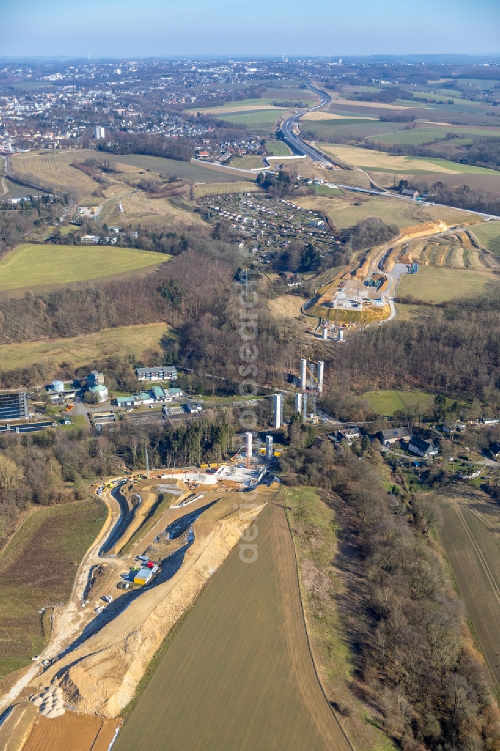 Aerial photograph Heiligenhaus - Highway construction site for the expansion and extension of track along the route of A44 near Hoefermuehle Sued in Heiligenhaus in the state North Rhine-Westphalia