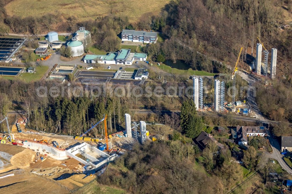 Heiligenhaus from the bird's eye view: Highway construction site for the expansion and extension of track along the route of A44 near Hoefermuehle Sued in Heiligenhaus in the state North Rhine-Westphalia